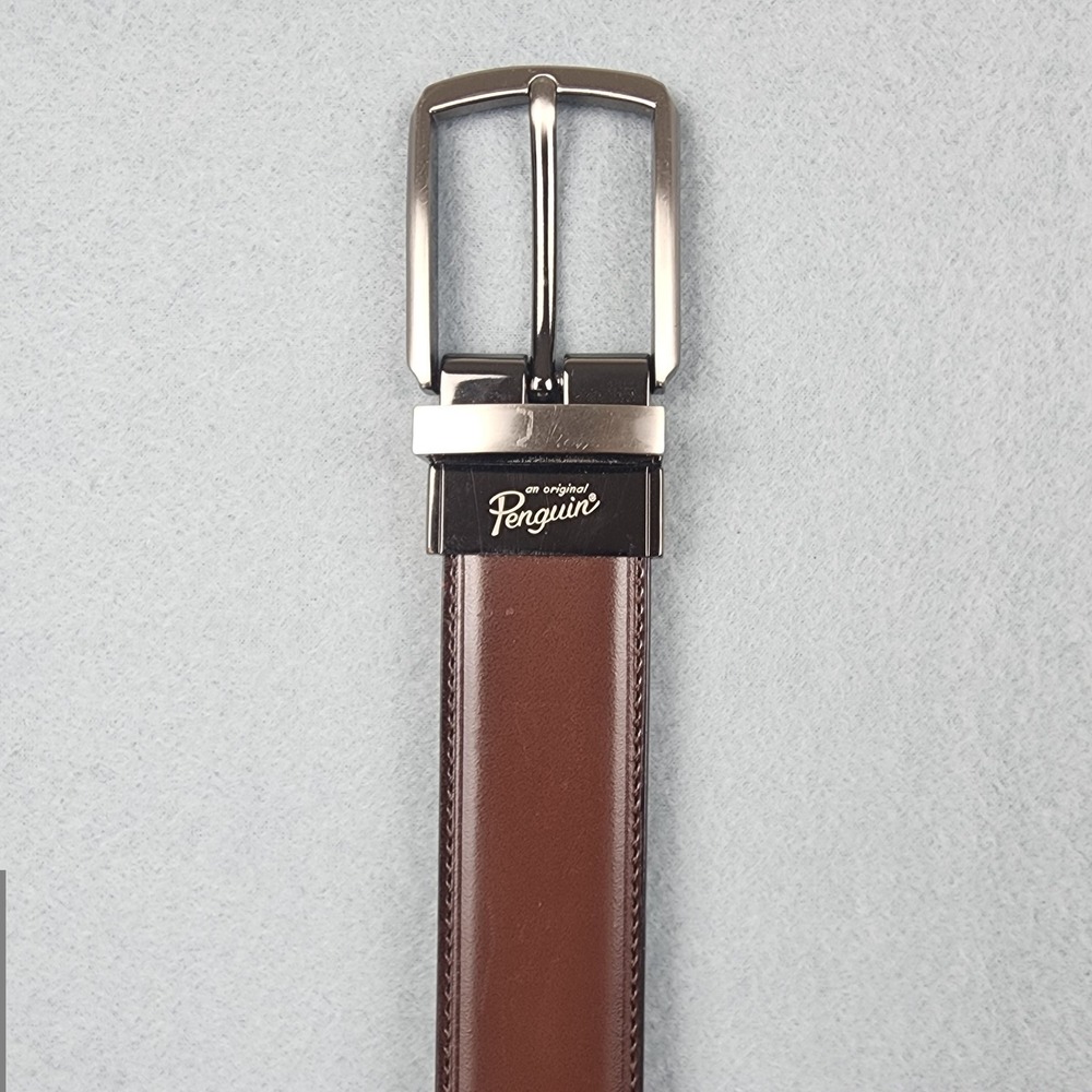 Penguine Belt Mens 36 90 Brown Black Leather Reversible Dress Buckle Classic - Picture 7 of 8